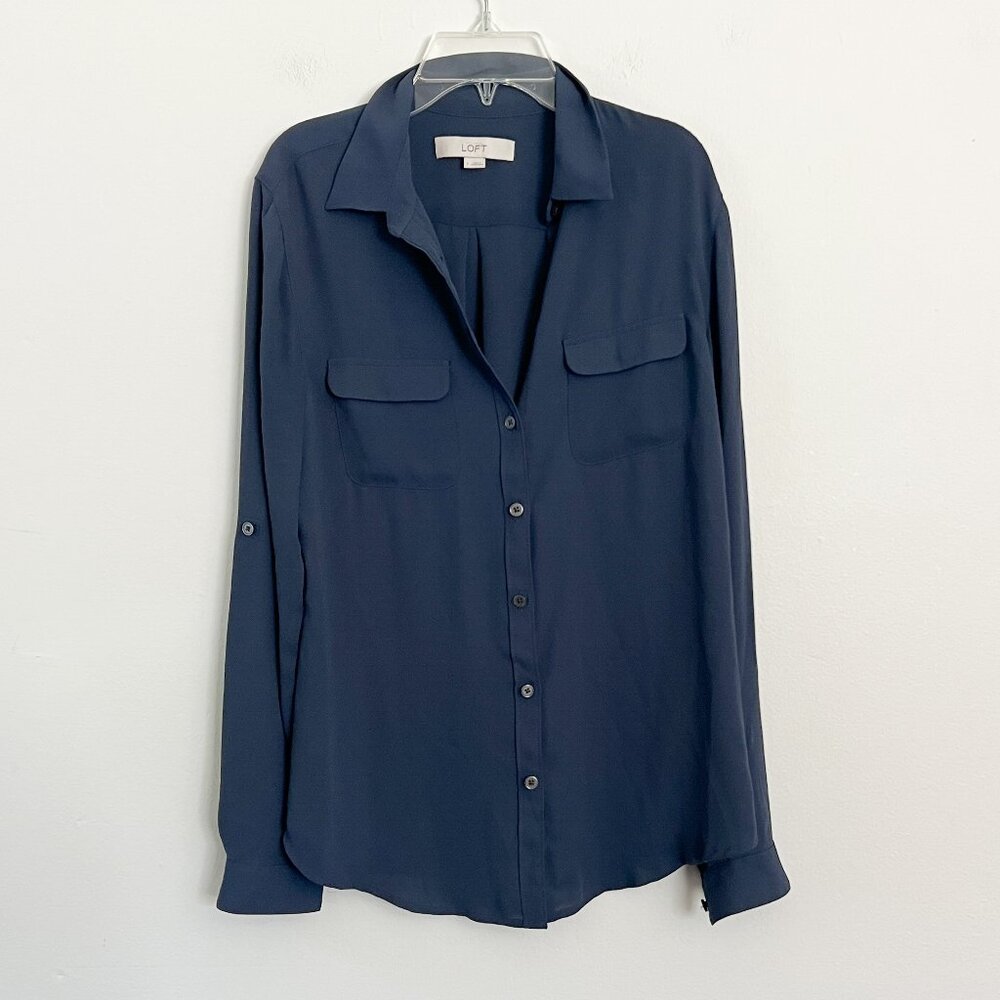 LOFT / navy blue chiffon long sleeve collared blouse S